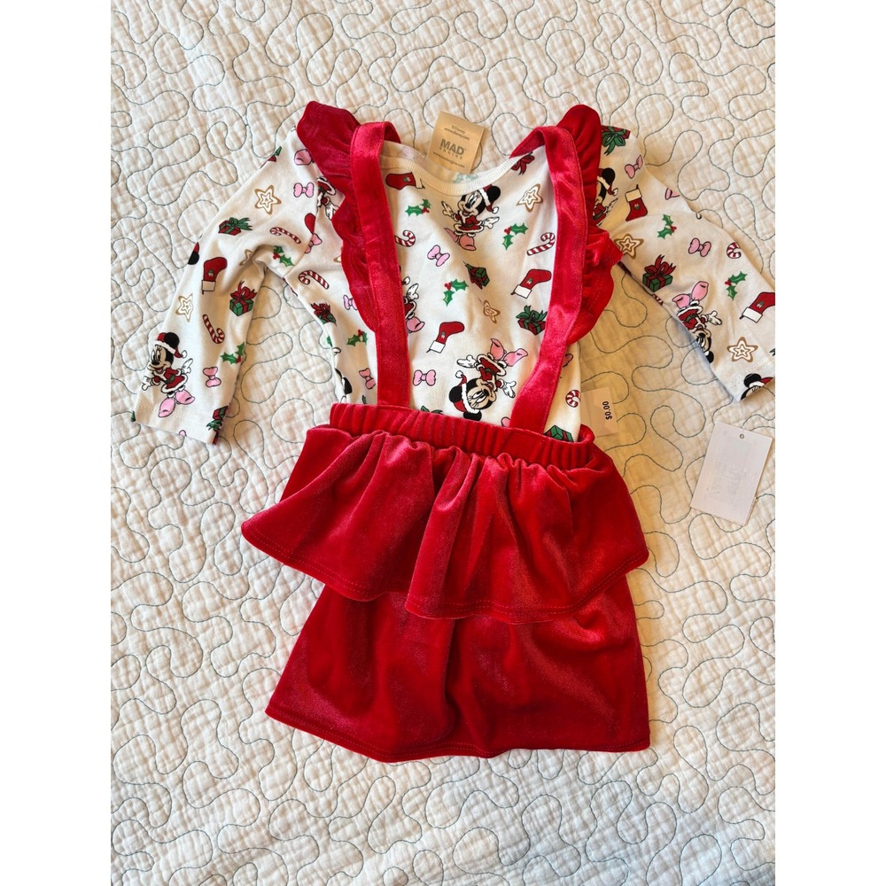 Disney Baby Minnie Mouse Christmas Red Velvet Pinafore Dress Set 6-9 months